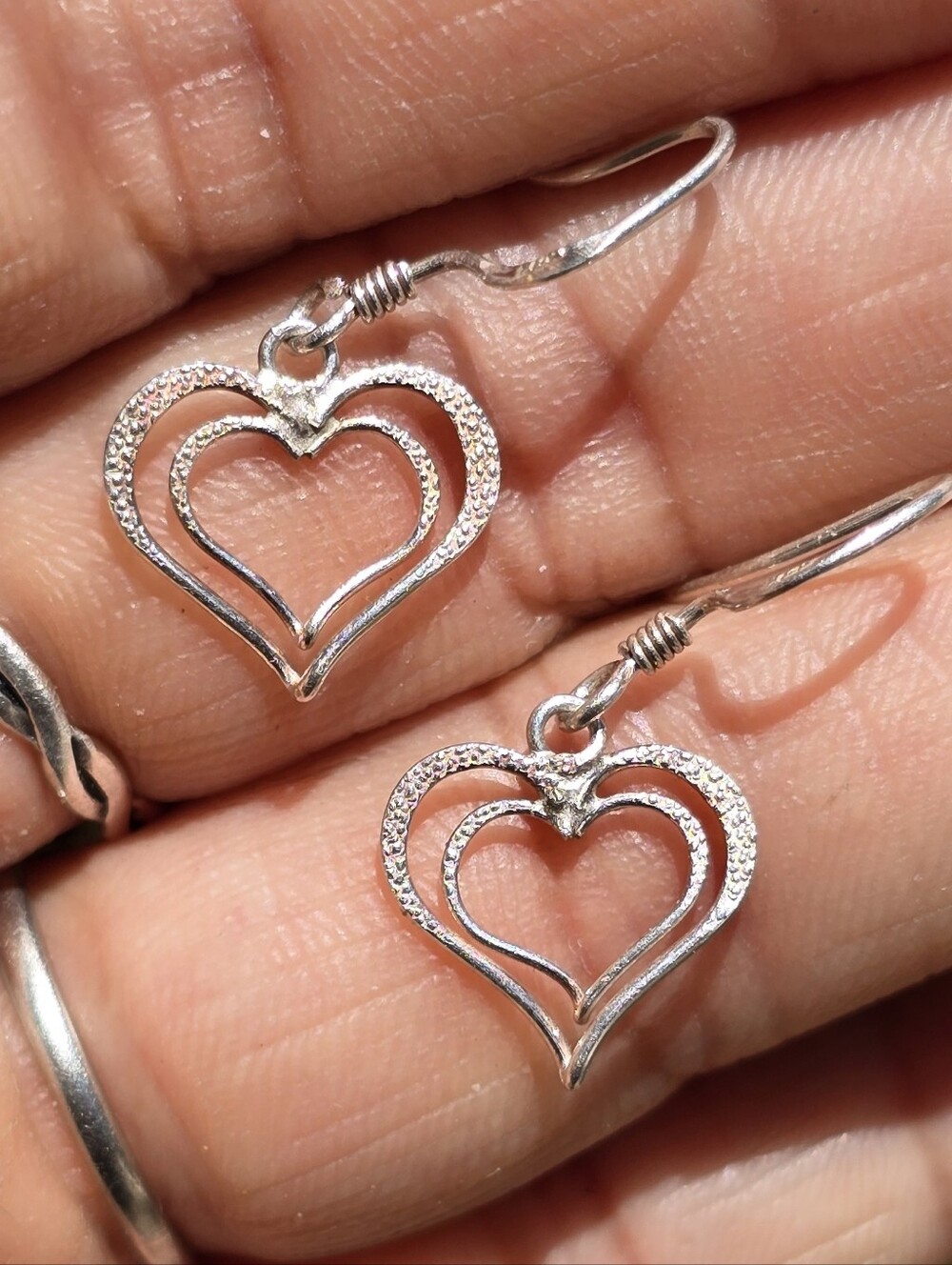 Dainty 925 sterling silver textured double heart earrings